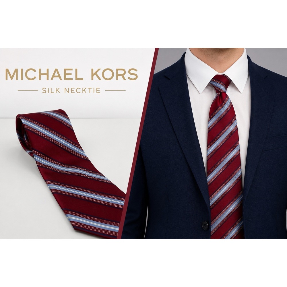 Michael Kors Red Silk Striped Skinny Tie Slim Necktie Blue White Designer Office